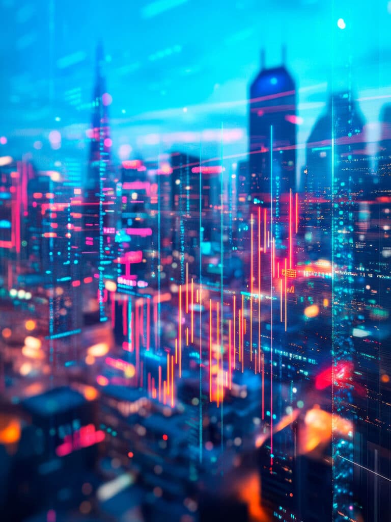 Glowing lines as if a reflection on a window with tall buildings outside