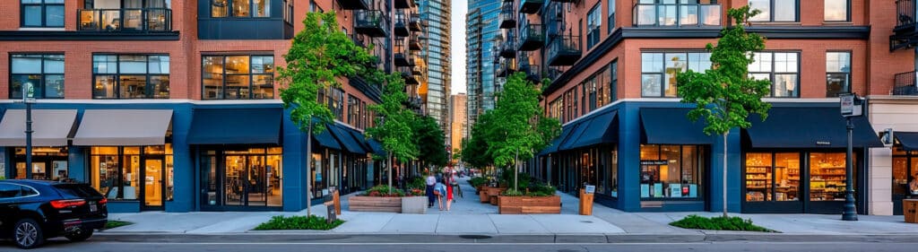 A wide walkway with trees and flowers in planters between two buildings