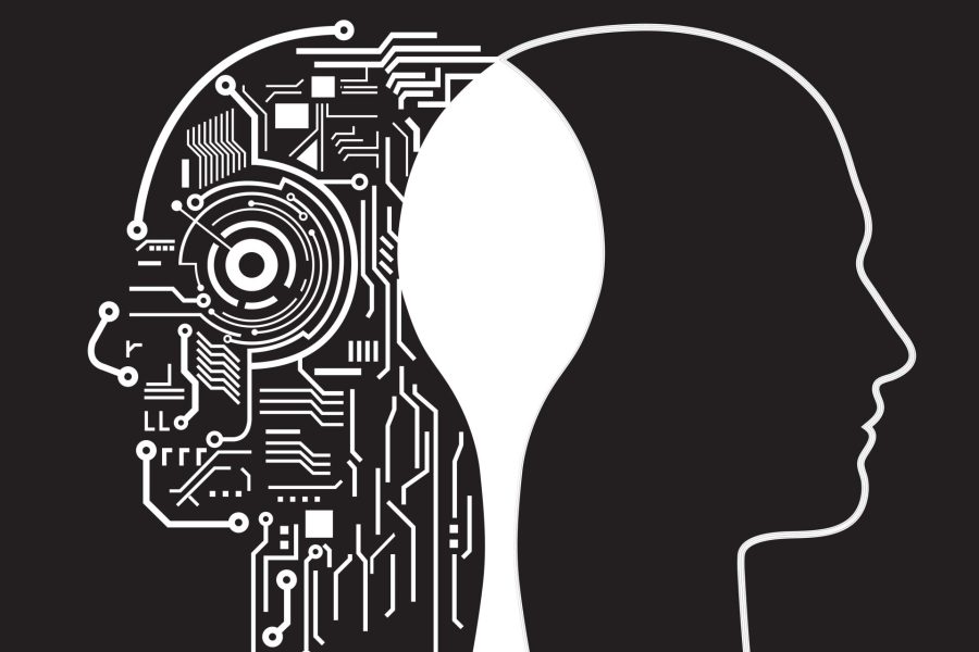 Illustration depicting fusion of human head with artificial intelligence