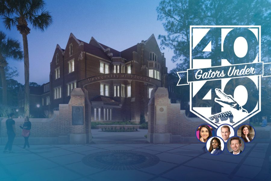 Heavener Hall with the UF Archway with a 40 Gators Under 40 to the right with five small photos of the award recipients.