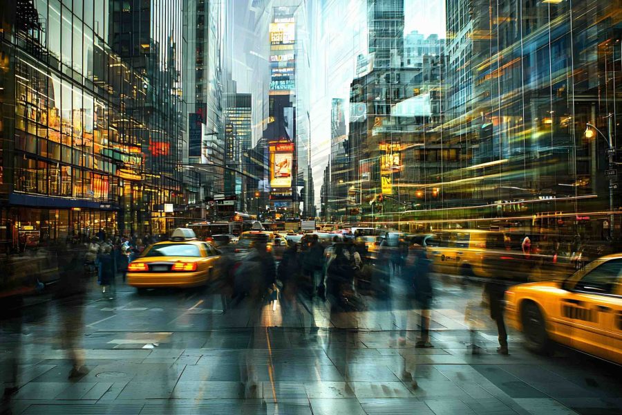 A time-lapse image of New York City Times Square with glass buildings, large billboards, taxis and blurred people