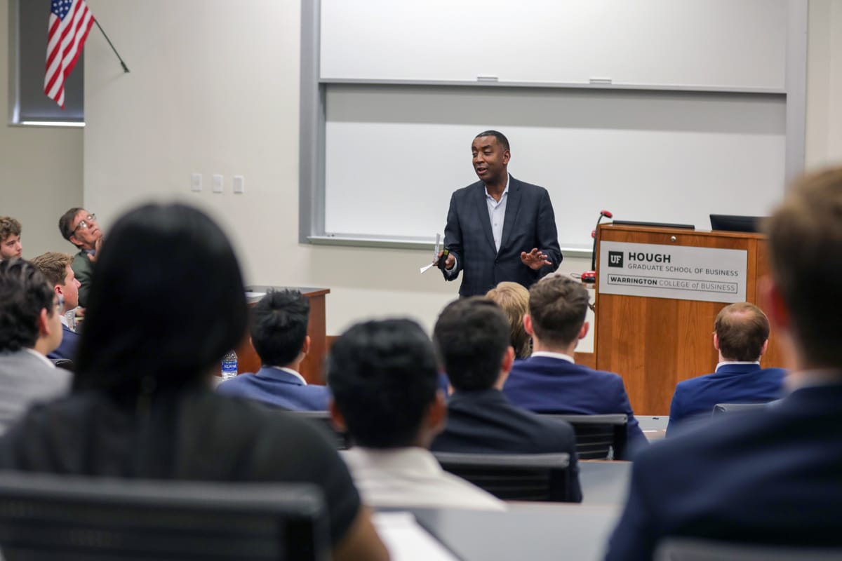 Phil Smith, Operating Partner at Altaris Capital Partners, speaks to a classroom of graduate business students at the University of Florida.