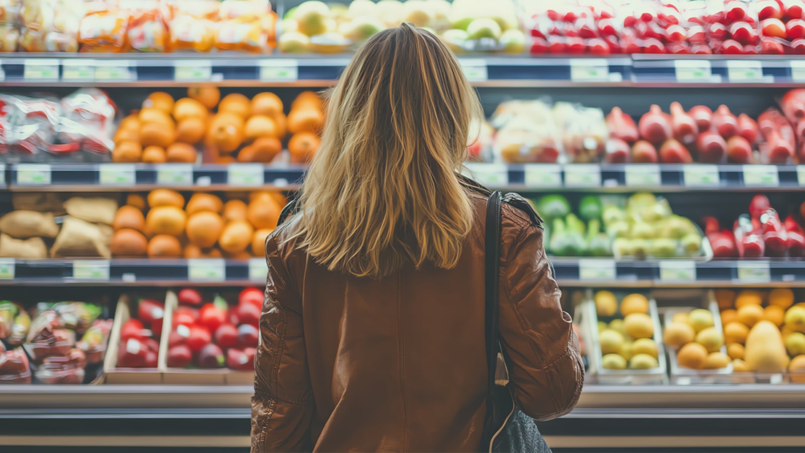 A woman wearing a brown leather jacket stands in front of a brightly lit grocery store produce display, viewing neatly arranged fruits and vegetables.