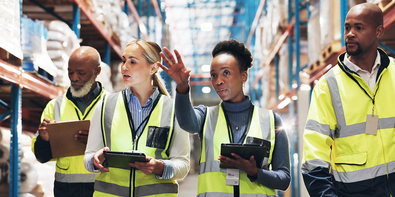 Researchers from the University of Florida's Supply Chain Management Center wear hi-vis gear and use tablets while assessing a warehouse