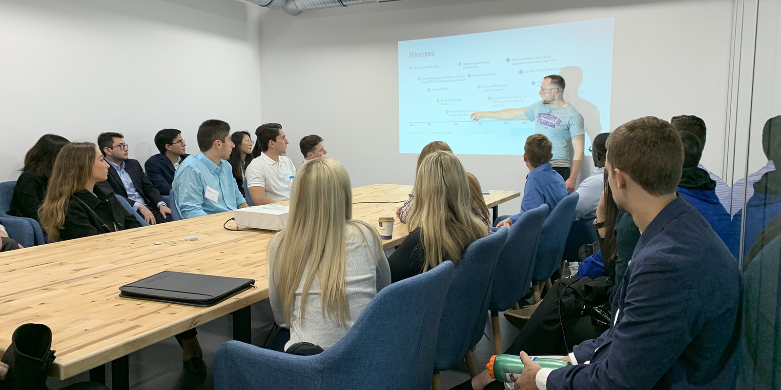 Students from UF Warrington's MSM program attend a lecture, where an instructor points to a projected screen, as part of their Global Immersion Experience