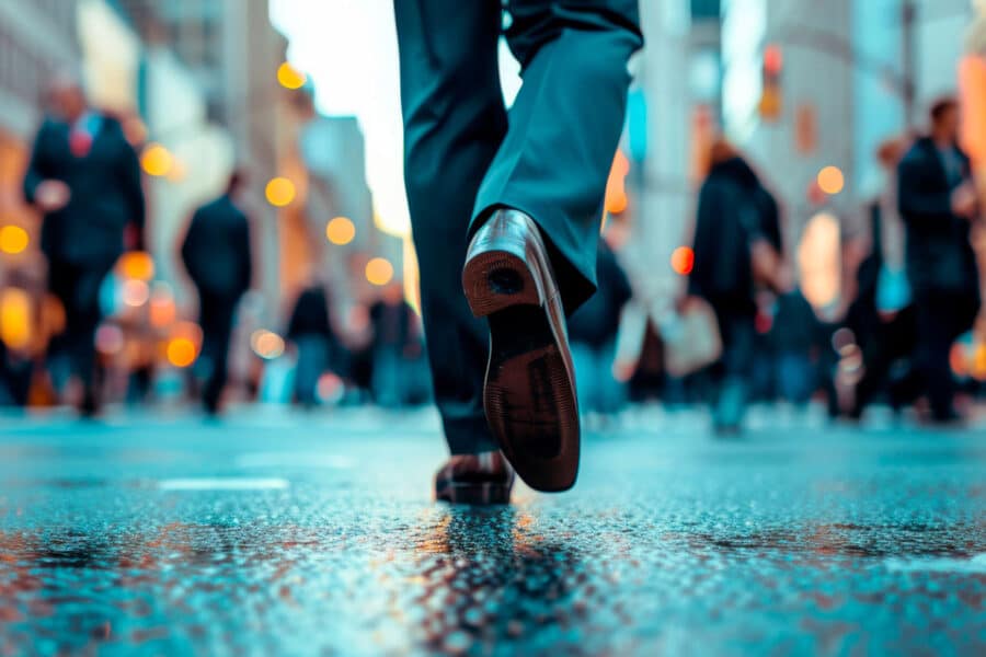 Ground view from behind a person from the knees down in business clothes and shoes on a busy sidewalk in the city