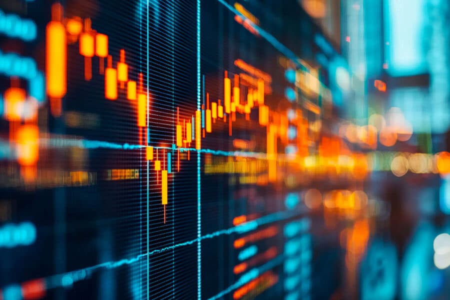 Glowing digital graphs and lines on a dark background