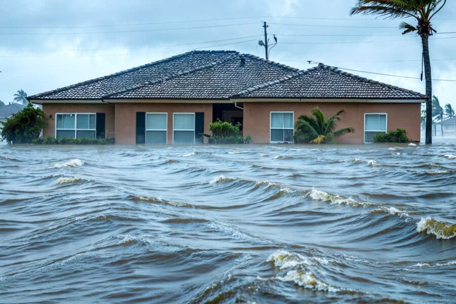 Choppy floodwaters are up to the bottom of the windows of a home.