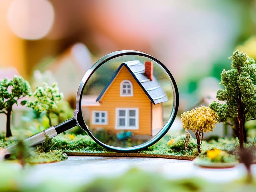 A model scale house and trees with a magnifying glass in front of the house