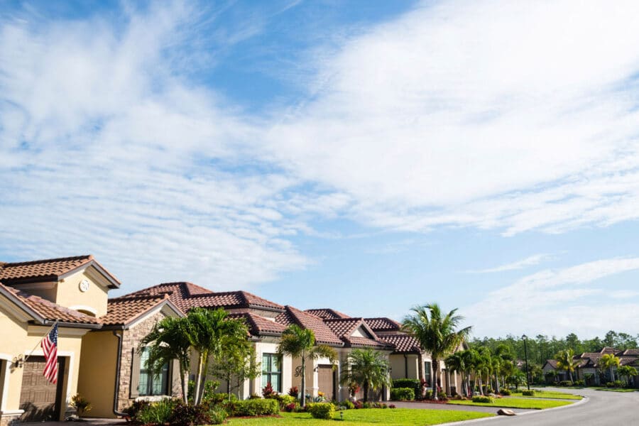 Homes with palm trees and landscaping lining a curved street