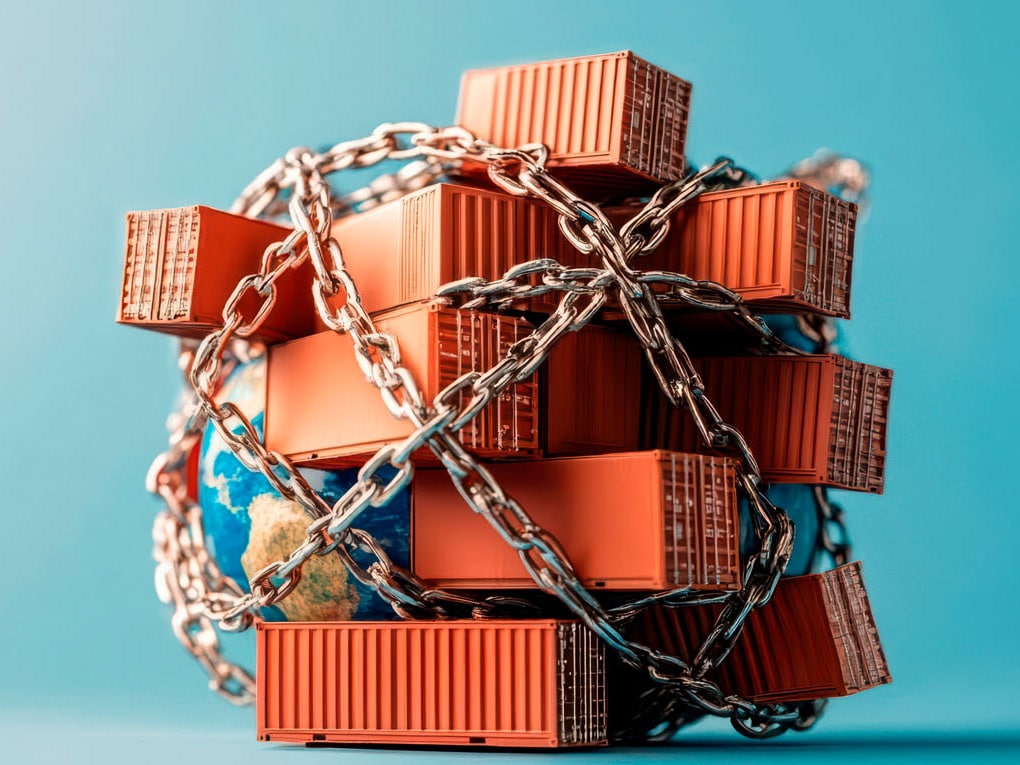 Shipping containers and the world wrapped up in large chains