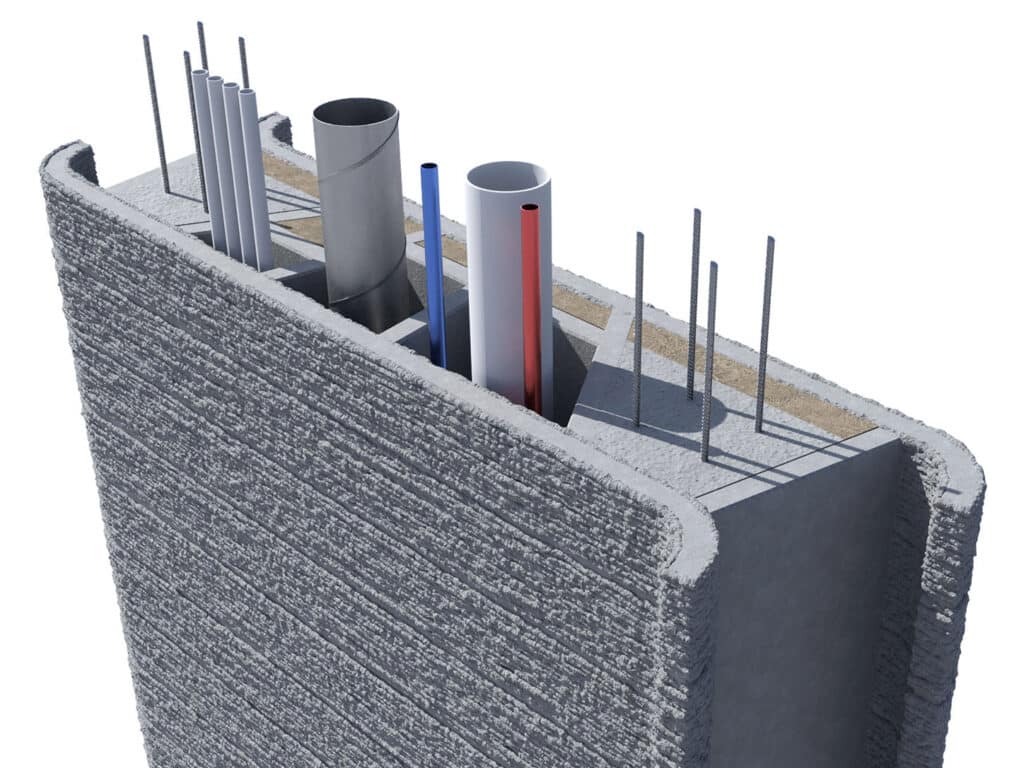 Rendering of a 3D-printed wall cross-section showing placement of utilities, insulation, and reinforcement between the interior and exterior walls