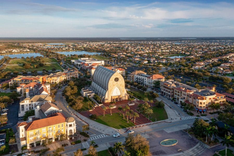 Aerial view of Ave Maria, a master-planned community with a 120 foot tall Catholic church at its center