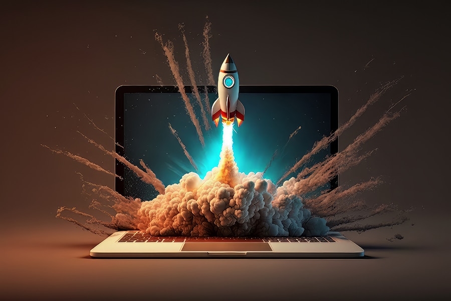 Launching Space Rocket From Laptop Screen.