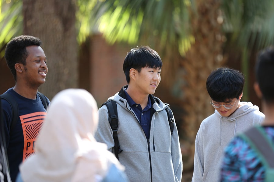 Group of students conversing outside.