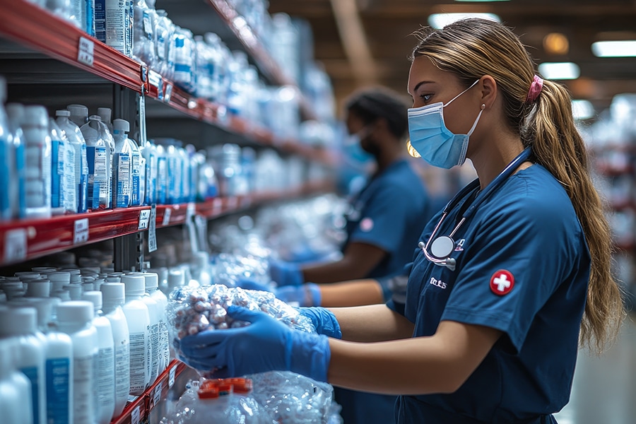 Organization of Medical Supplies by Workers in a Warehouse Setting