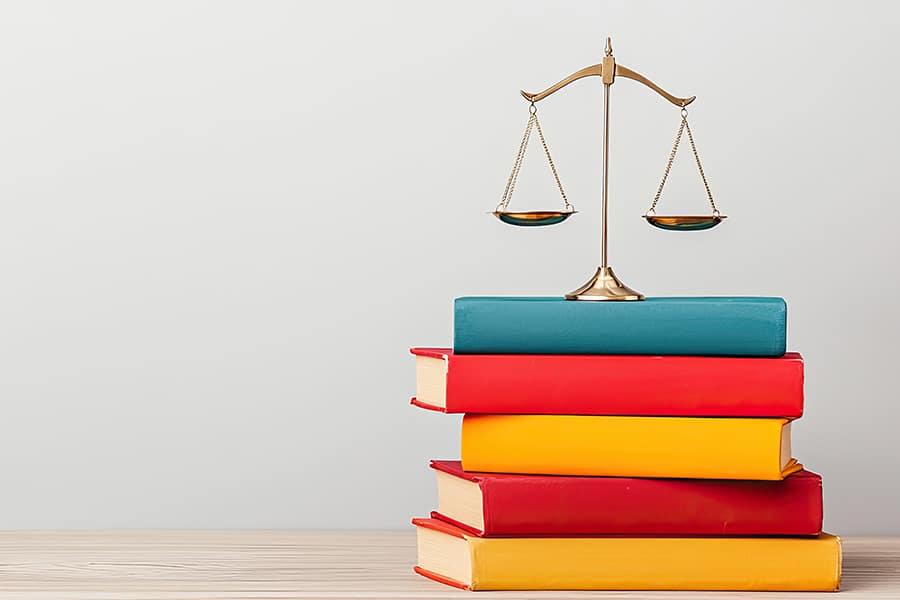 A stack of colorful books with a balanced scale on top.