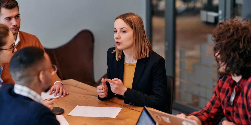 A student enrolled in UF Warrington's Online BSBA program explains a concept to practice key professional skills and get credit for the Career and Leadership Challenge