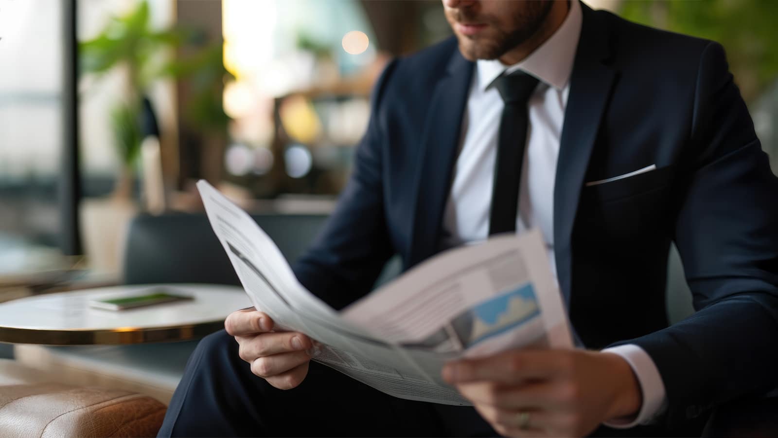 A sharply dressed man in a dark suit reads a newspaper in a modern, cozy lounge setting with blurred background elements of tables and plants.