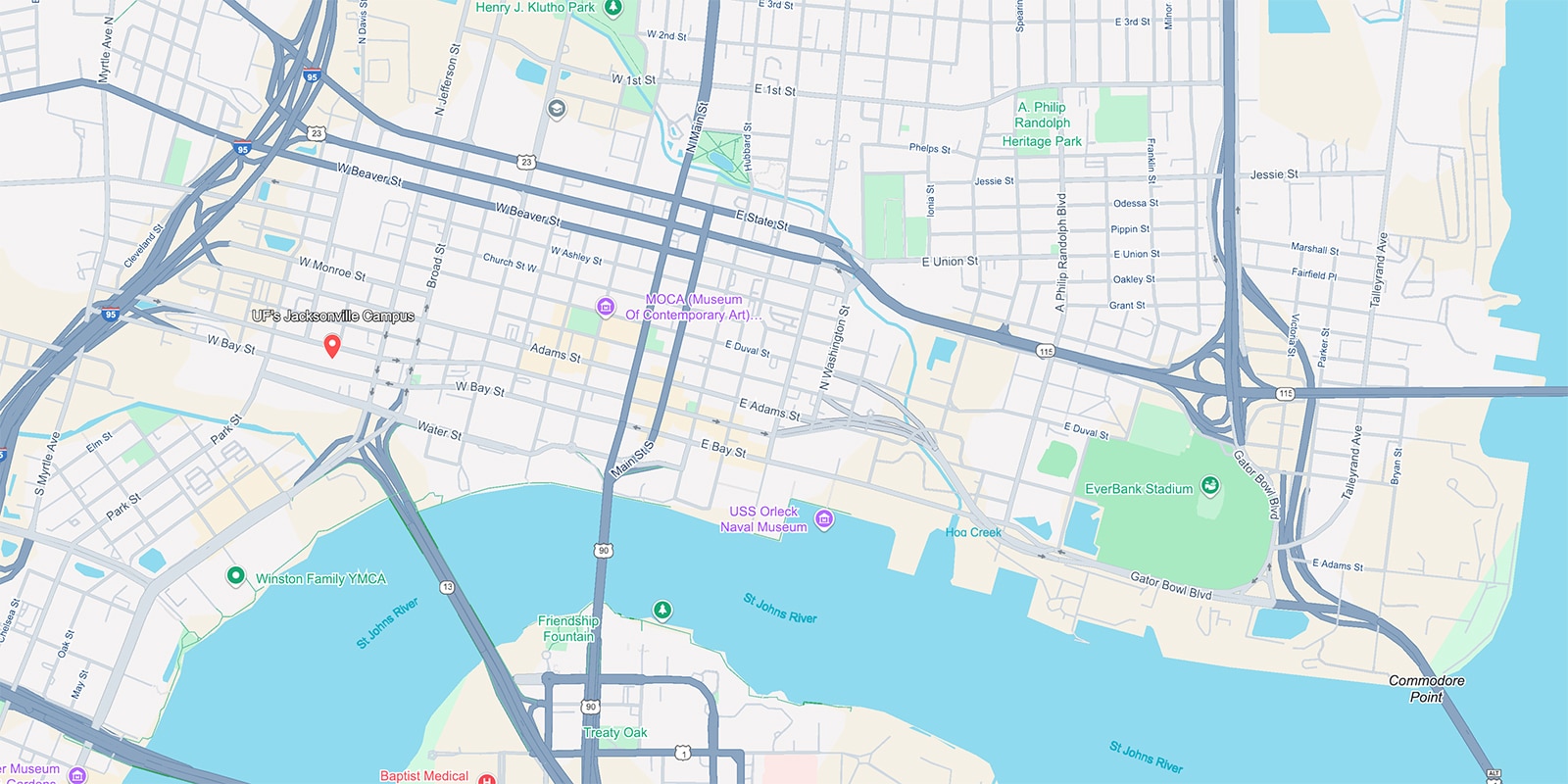 Jacksonville, FL map view with UF's Jacksonville Campus labeled. 