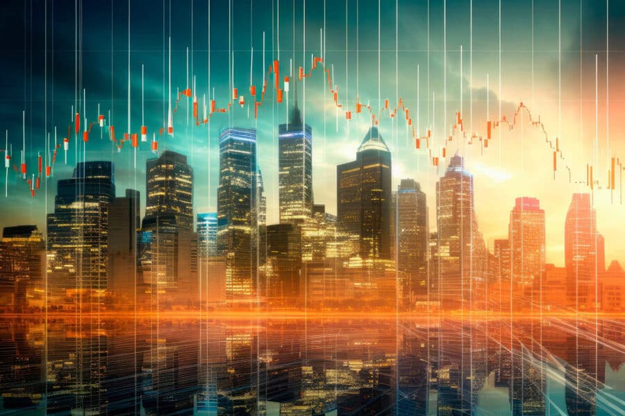 A city skyline along water reflecting the buildings with graph lines overlaid on image