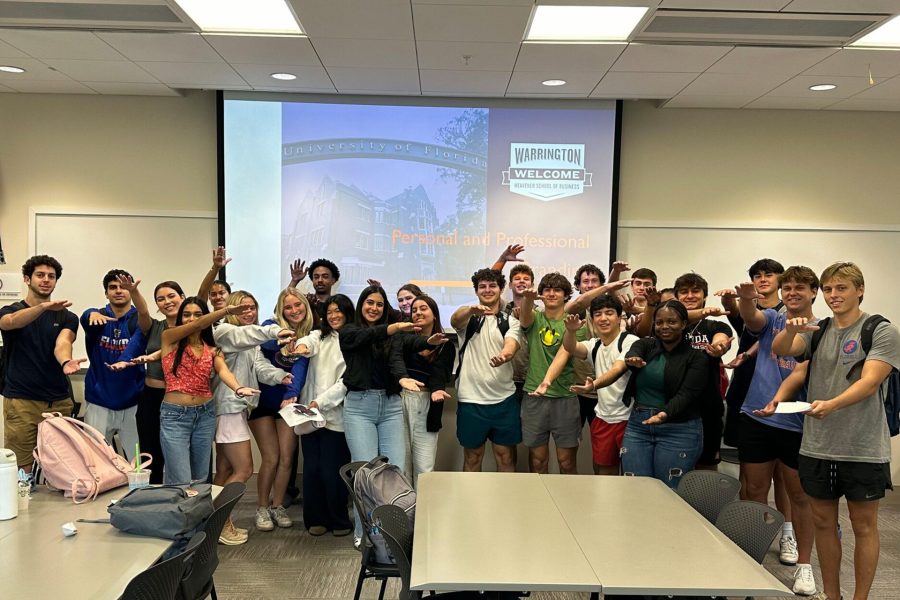 warrington welcome section two class picture doing the gator chomp