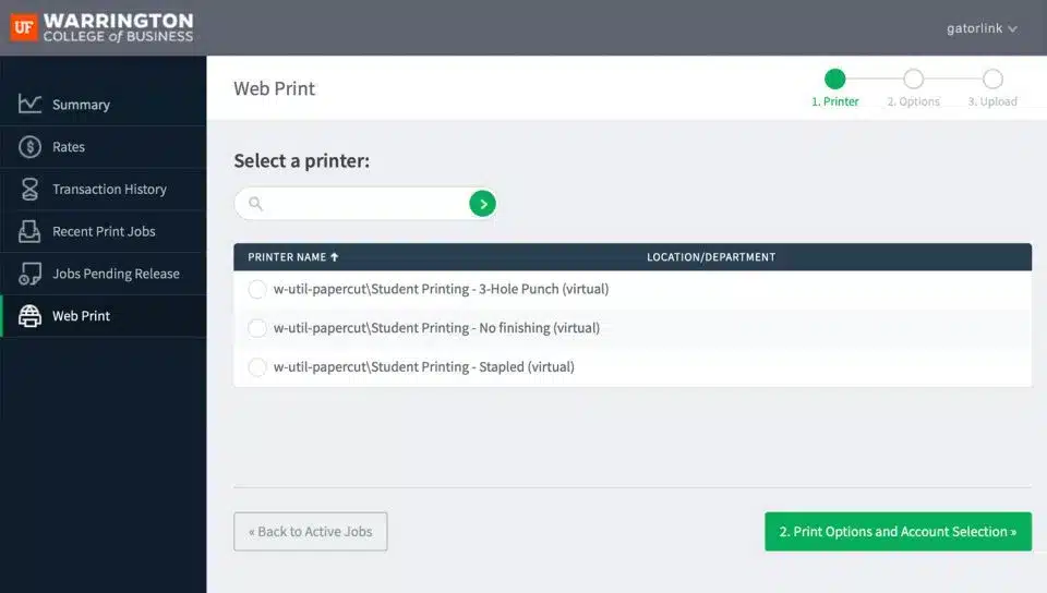 screen cap of the printer interface