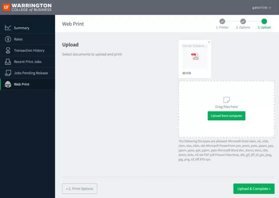 screen cap of the printer interface