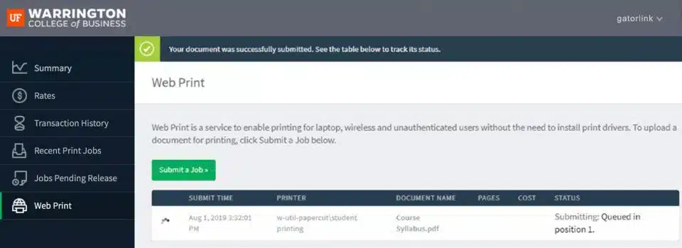 screen cap of the printer interface