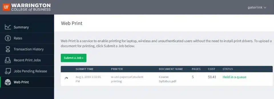 screen cap of the printer interface