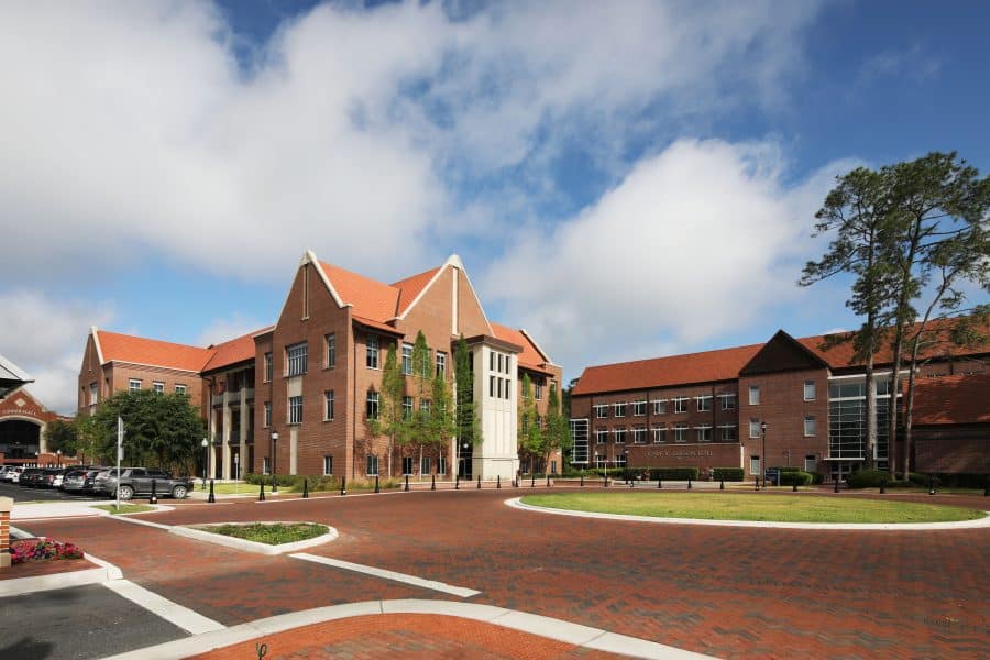 Hough and Gerson Halls. Large brick buildings in the background.