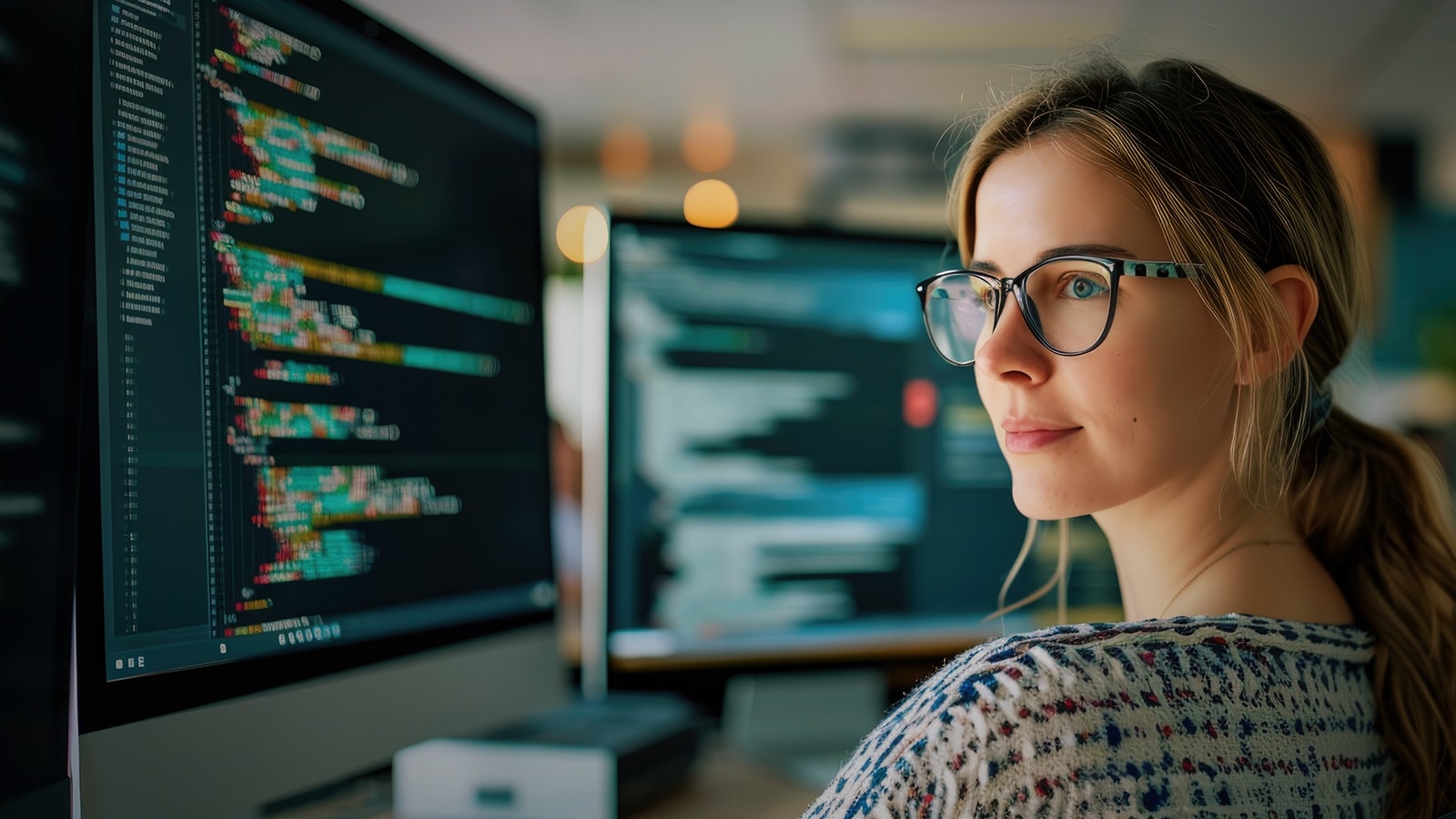 Woman programming with two monitors.