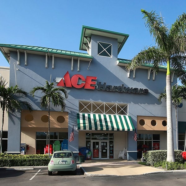 Ace Hardware store front lined with palm trees in Fort Lauderdale, Florida.