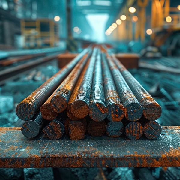 A small stack of rebar with the focus on the ends and losing focus as they stretch into the distance in a factory.