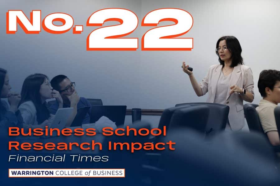 No. 22 Business School Research Impact Financial Times University of Florida Warrington College of Business. Text over image of a professor speaking in front of a class.