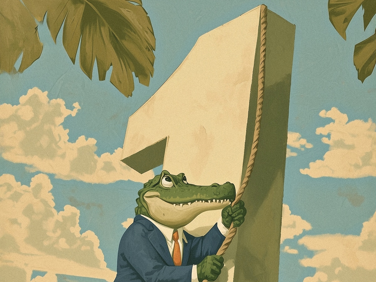 Illustration of a gator climbing the number 1.