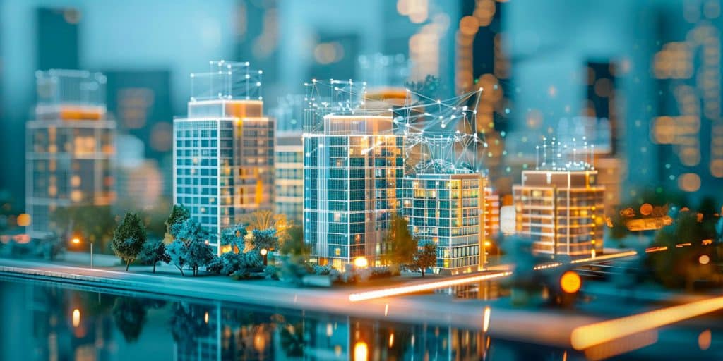 An illustration of city buildings reflected in water and groups of lines have dots where they intersect on top of the buildings. The depth of field has only the closest buildings in focus.