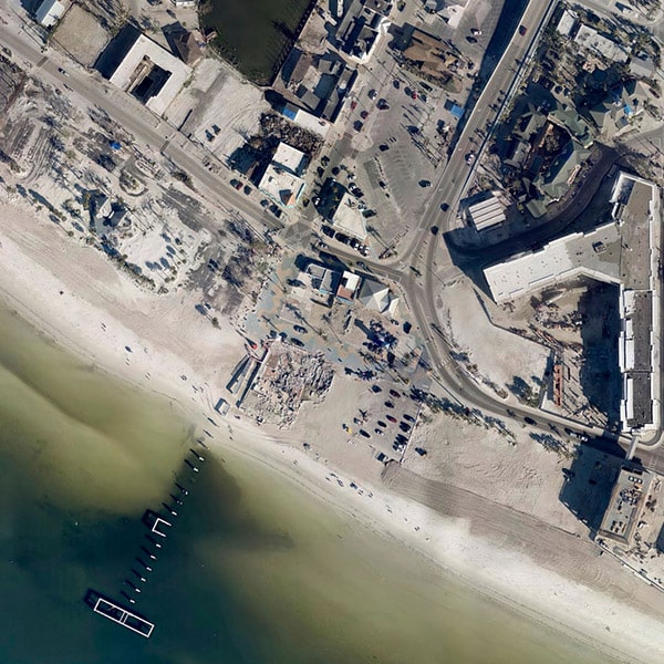 Aerial view of Fort Myers Beach showing destruction from Hurricane Ian in January 2023