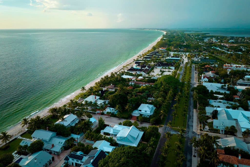 Aerial view of homes along a coastline