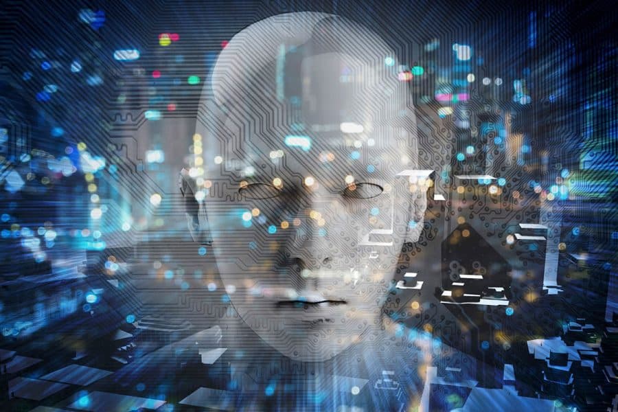 Generated image of a human-like face but all white and robotic with circuit board line and other overlays