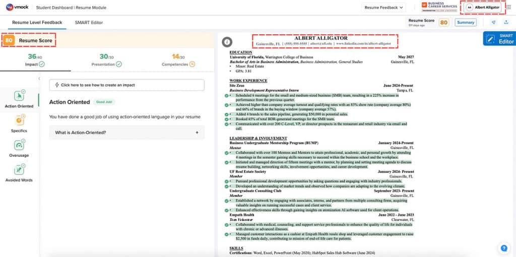 A screen capture of the Student Dashboard, Resume Module in vmock with Albert Alligator and location, phone, email, and web address indicated in the right pane and Albert Alligator indicated in the upper right toolbar.