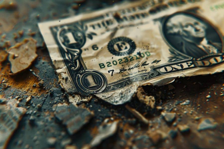 Torn, weathered one-dollar bill lying on a dusty surface, surrounded by debris and dirt